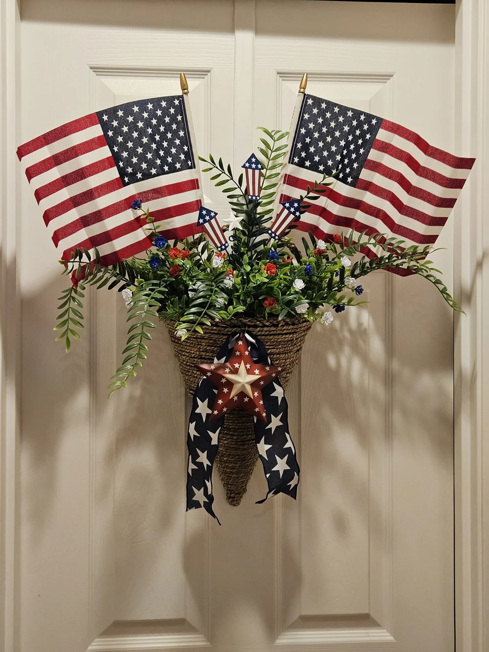 Patriotic American Flag Door Basket Wreath with Stars and Ribbon